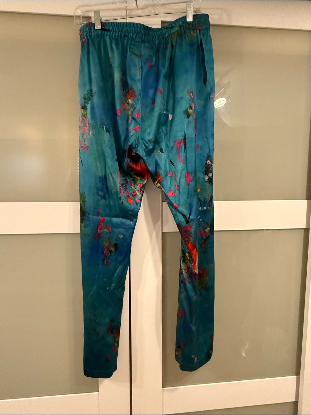 Johnny Was Teal Silk Blend Straight-Leg Pants with Multicolor Abstract Accents - Picture 2 of 6